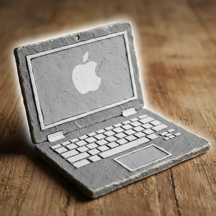 A gray paper mache laptop toy with a painted keyboard screen on the lid, constructed from a folded cereal box.