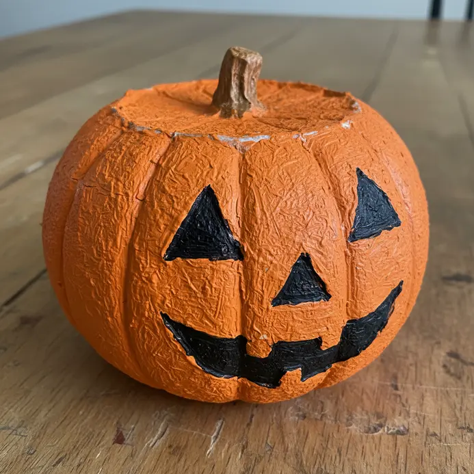 An orange paper mache pumpkin with cut-out triangle eyes and a toothy smile, formed over a round bowl.