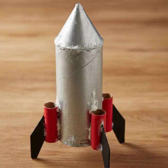 A silver and red paper mache rocket ship built using a large cardboard tube as the main body and smaller tubes for boosters.