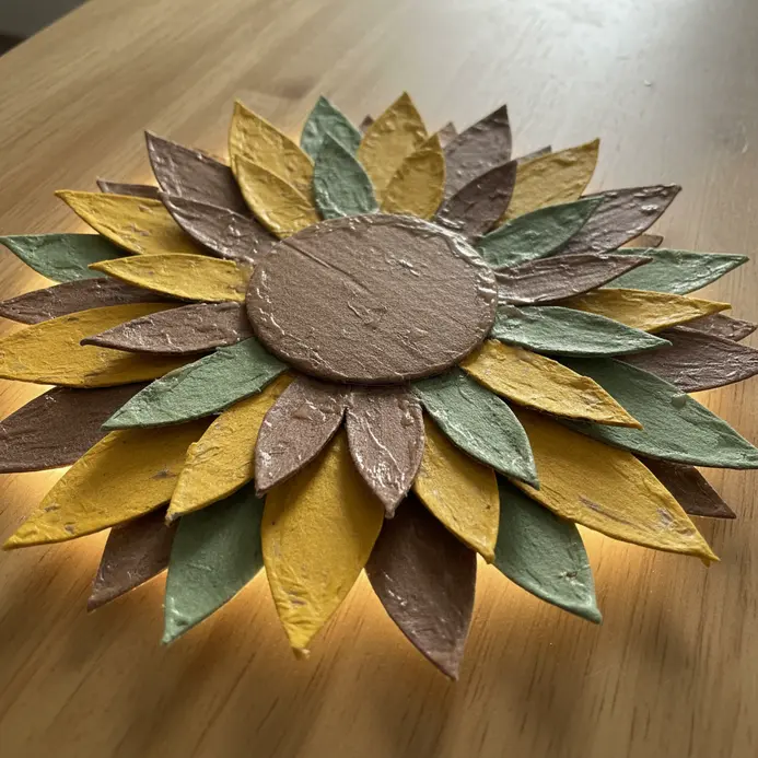 Three large paper mache sunflower wall decorations with layered cardboard petals painted in yellow and brown.