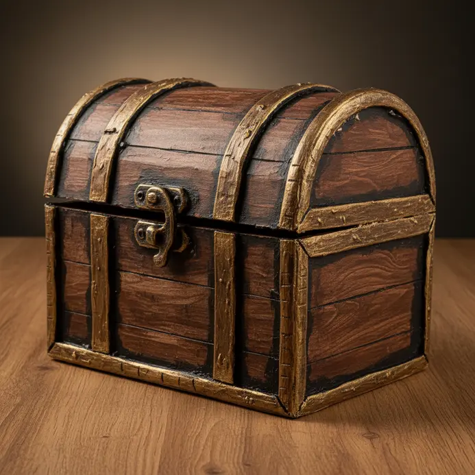 A brown paper mache treasure chest with black paper strap details and metal buckle, built from a small cardboard box.
