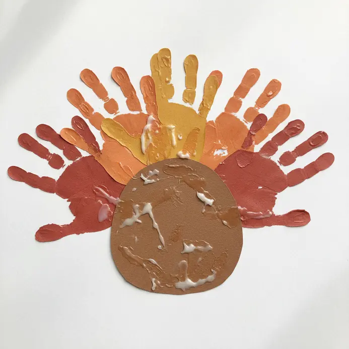 A child's traced handprint forms the colorful feathers of a paper turkey on a brown construction paper body.