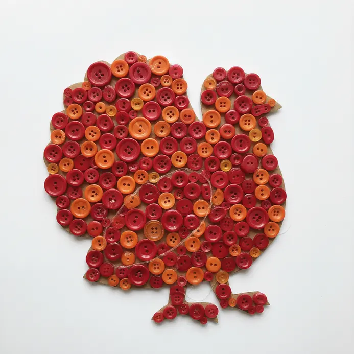 A cardboard turkey shape is covered in a mosaic of red, orange, yellow, and brown buttons glued in place.