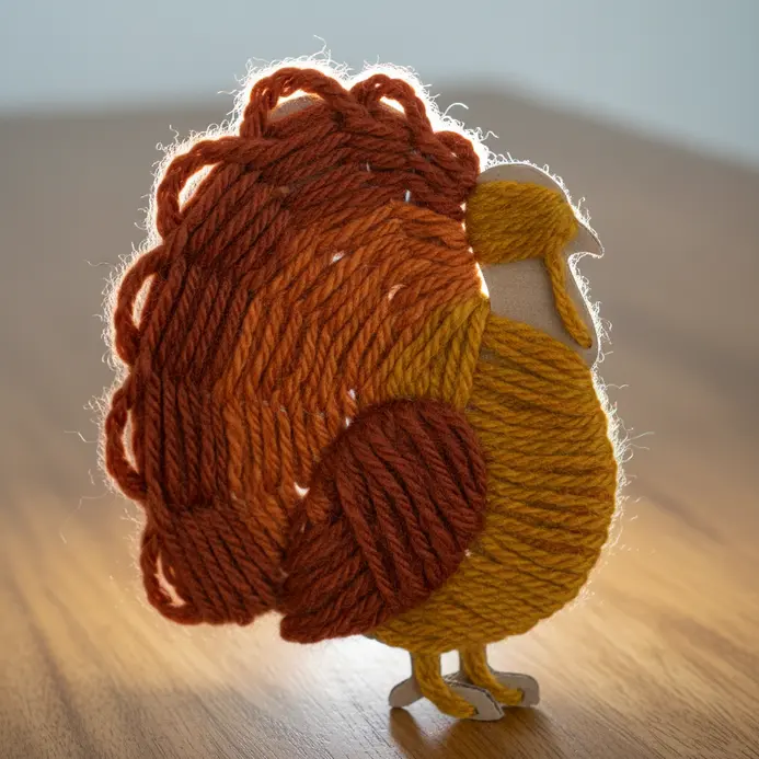 A cardboard cutout of a turkey has its wing sections thickly wrapped with strands of orange, red, and yellow yarn.