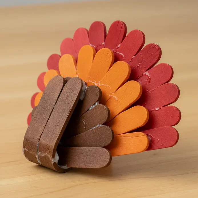 Popsicle sticks painted in fall colors are glued into a fan shape to form the tail feathers of a hanging turkey decoration.