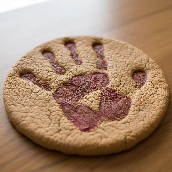 A baked salt dough disc preserves a child's handprint, painted so the fingers become turkey feathers with a painted body at the palm.
