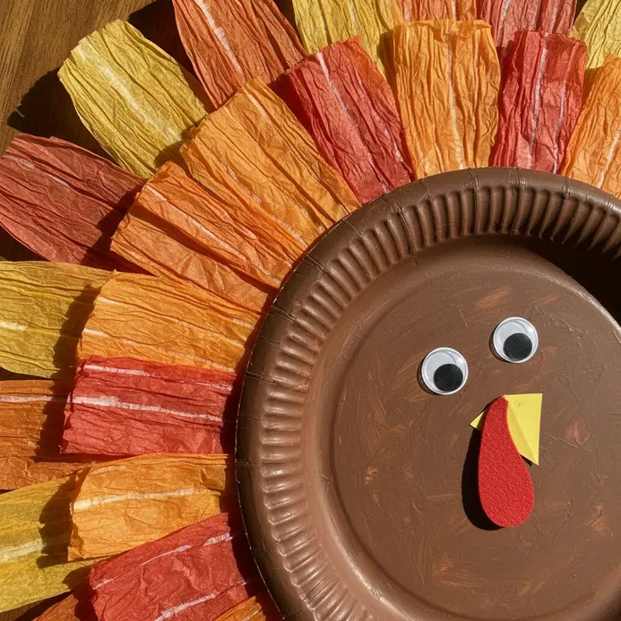 A paper plate painted brown serves as the body for a turkey with orange and yellow tissue paper feathers.