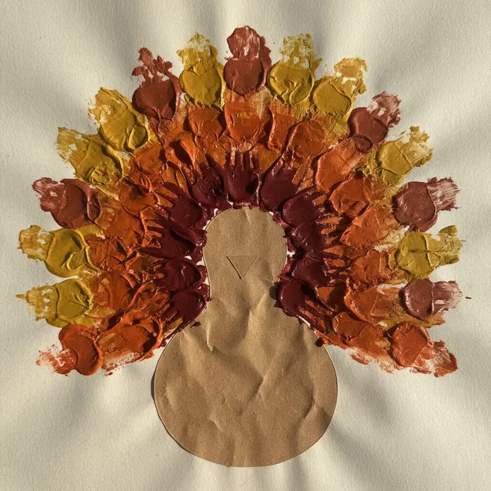 A painted turkey on paper where its multicolored feathers are created by dabbing a plastic fork in paint.