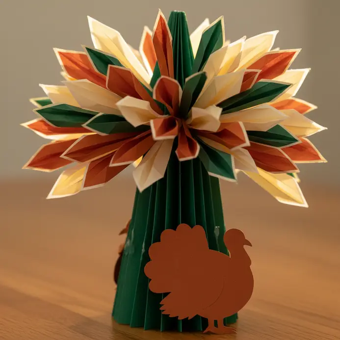 A brown paper tree trunk with a paper turkey at its base and colorful paper leaves, each with a handwritten thankful note.