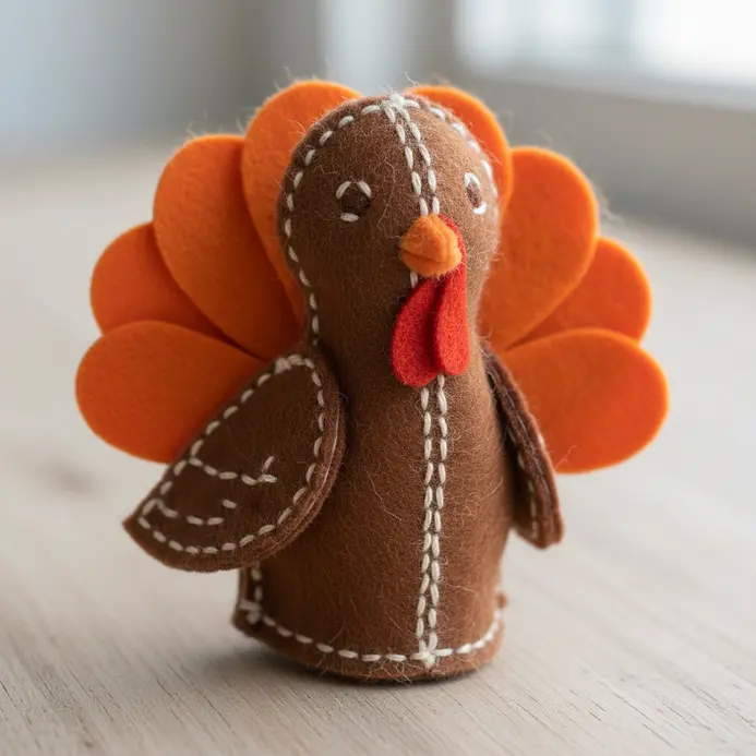 A small turkey finger puppet made from stitched brown felt with an orange felt beak and wattle.