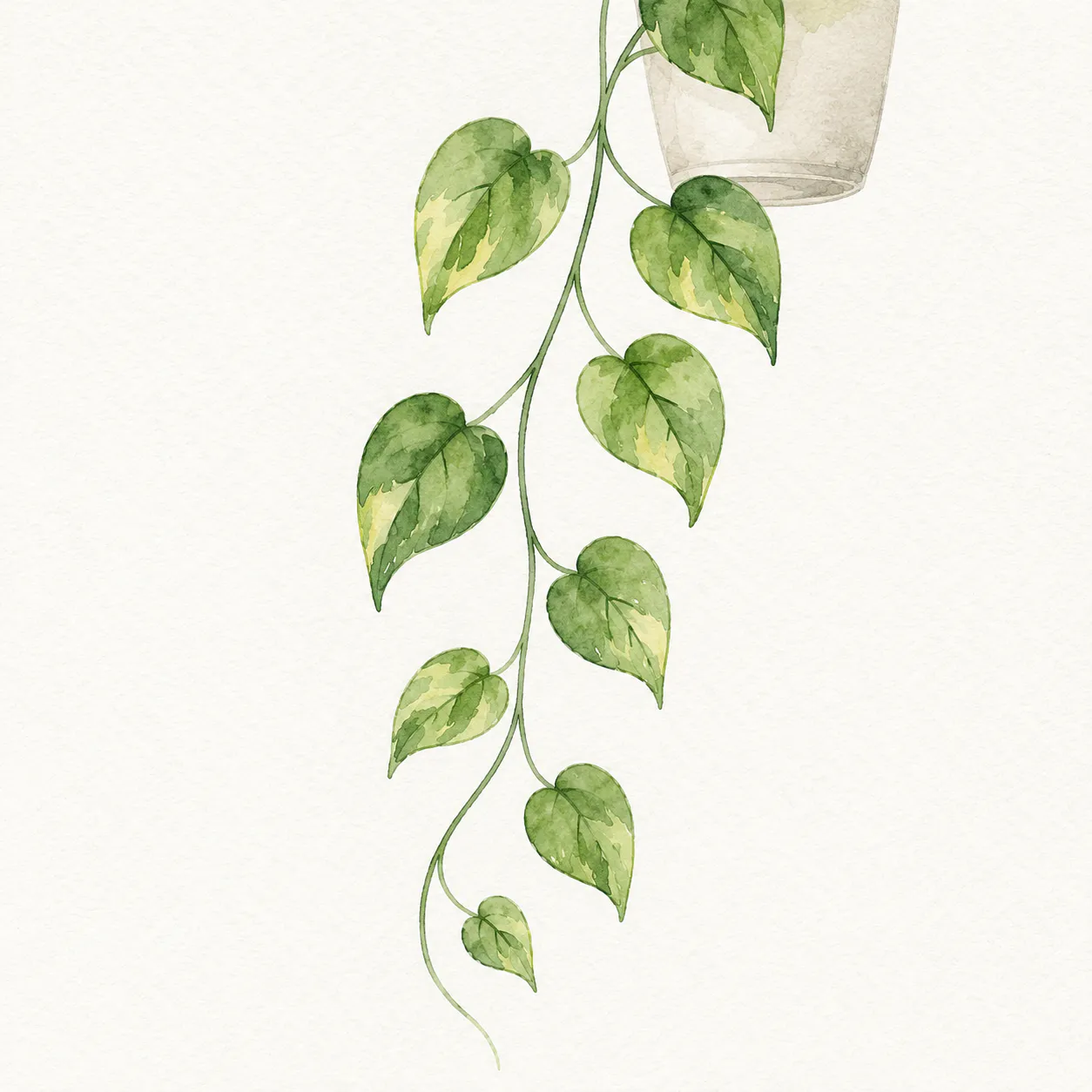 A minimalist painting of a hanging pothos vine with heart-shaped leaves using light watercolor washes.