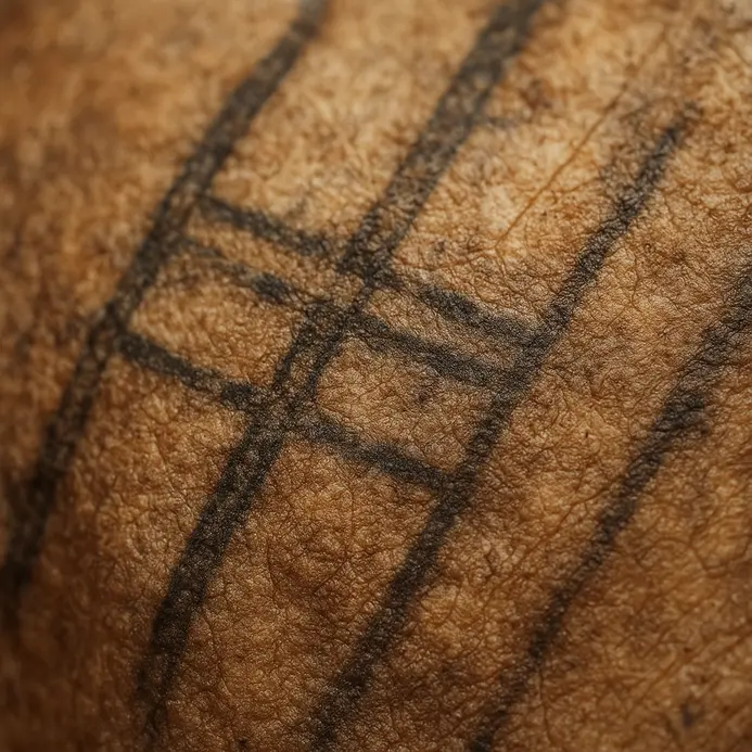 Detailed view of mummified skin showing dark, linear tattoo patterns on an arm.