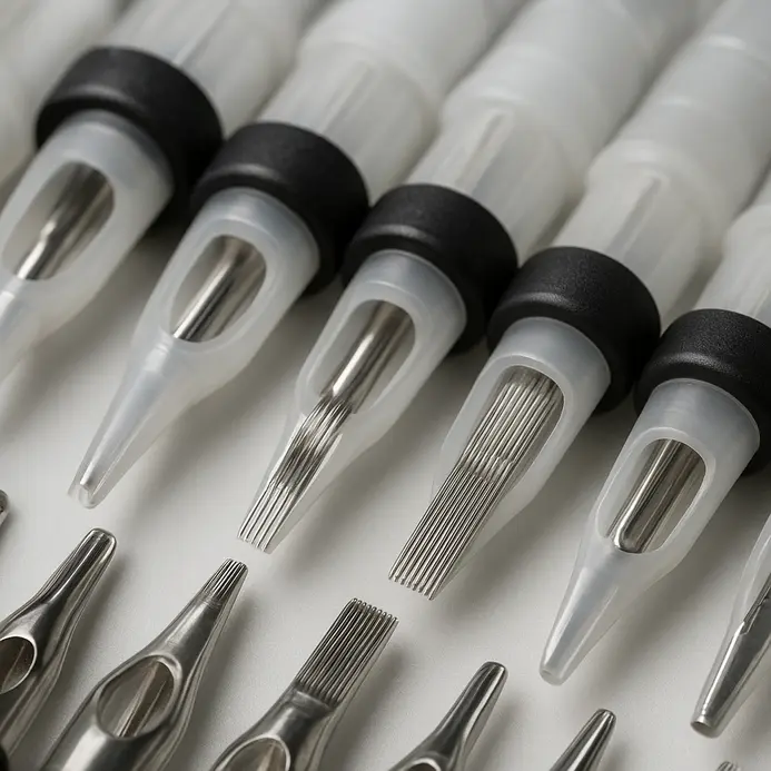 Various tattoo needle cartridges arranged to show different liner, shader, and magnum configurations.