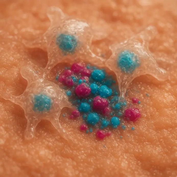 Scientific diagram showing macrophage cells engulfing colored tattoo pigment particles.