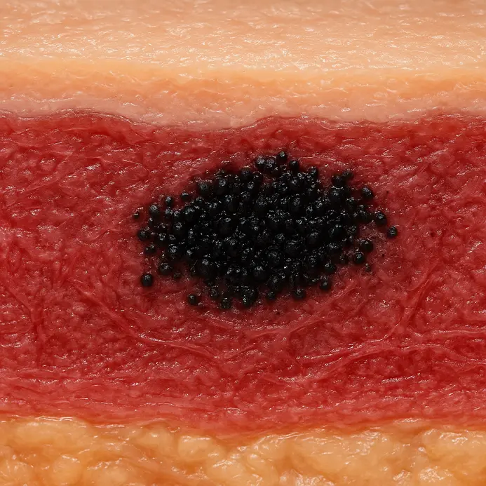 Anatomical illustration highlighting tattoo ink deposited in the dermis layer of human skin.