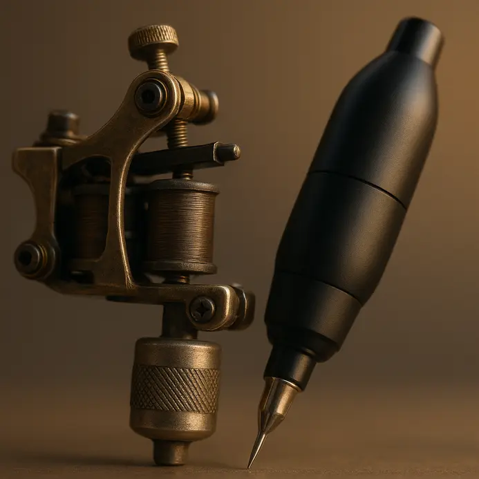 A coiled rotary tattoo machine next to a modern pen-style wireless tattoo machine.