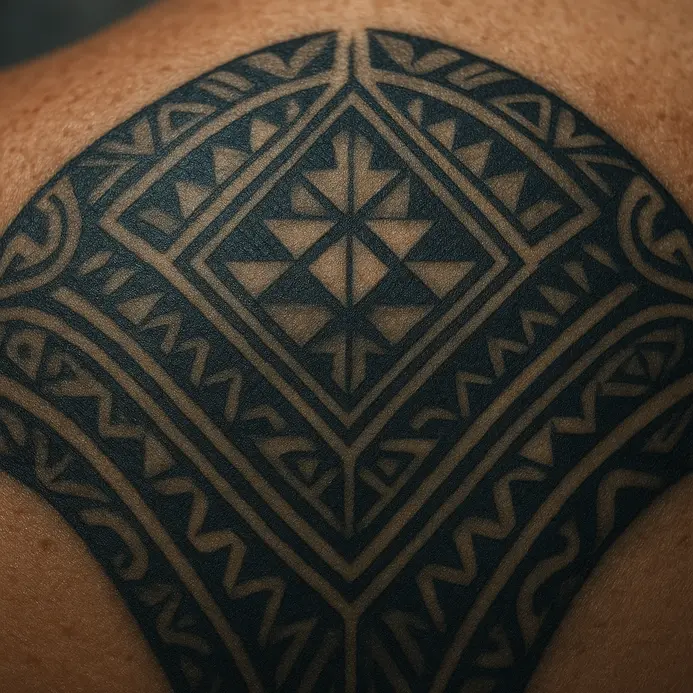 A person's back covered in intricate, symmetrical traditional Polynesian tattoo designs.