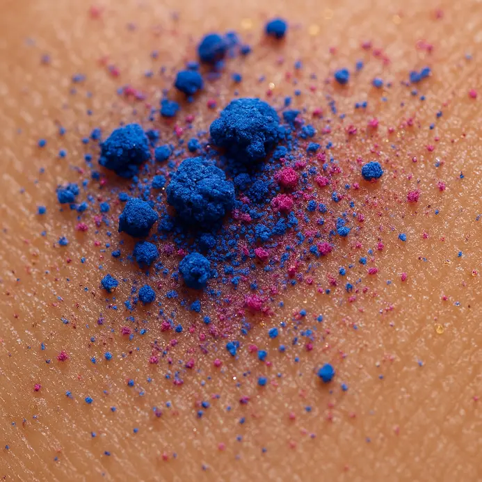 A microscopic image showing the varying sizes of colored tattoo ink particles.