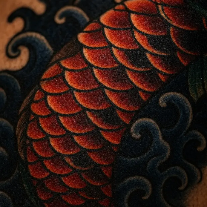 A full-back Japanese tattoo depicting a colorful koi fish swimming through stylized waves.