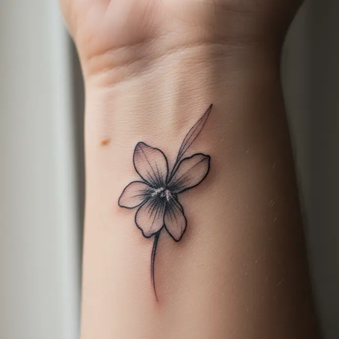 A single delicate violet flower tattooed with fine black lines on a person's wrist.