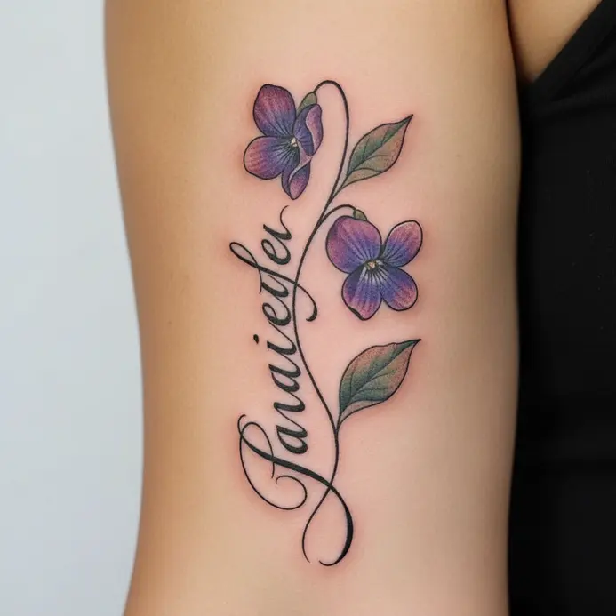 A violet flower with a flowing script word or date integrated into its stem, tattooed on the inner bicep.