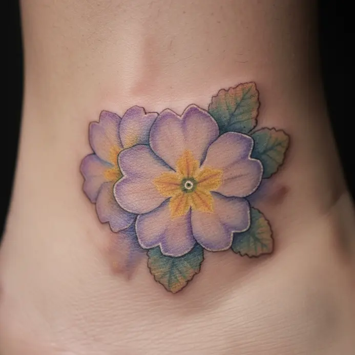 A primrose flower with soft purple and yellow watercolor-style shading tattooed above the ankle bone.