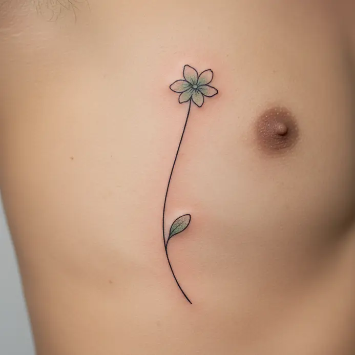A minimalist line drawing of a single violet stem with a few leaves tattooed along the side of the ribcage.