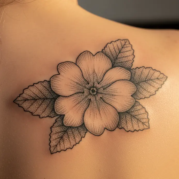 A detailed primrose illustration created with dotwork shading and fine lines, placed on the back of the shoulder.