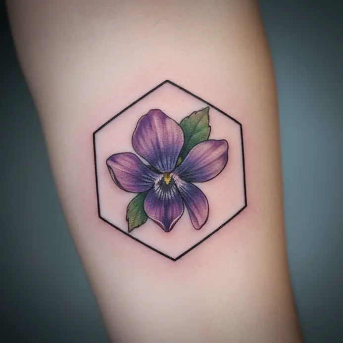 A realistic violet flower framed by a clean, thin geometric hexagon tattooed on the inner forearm.