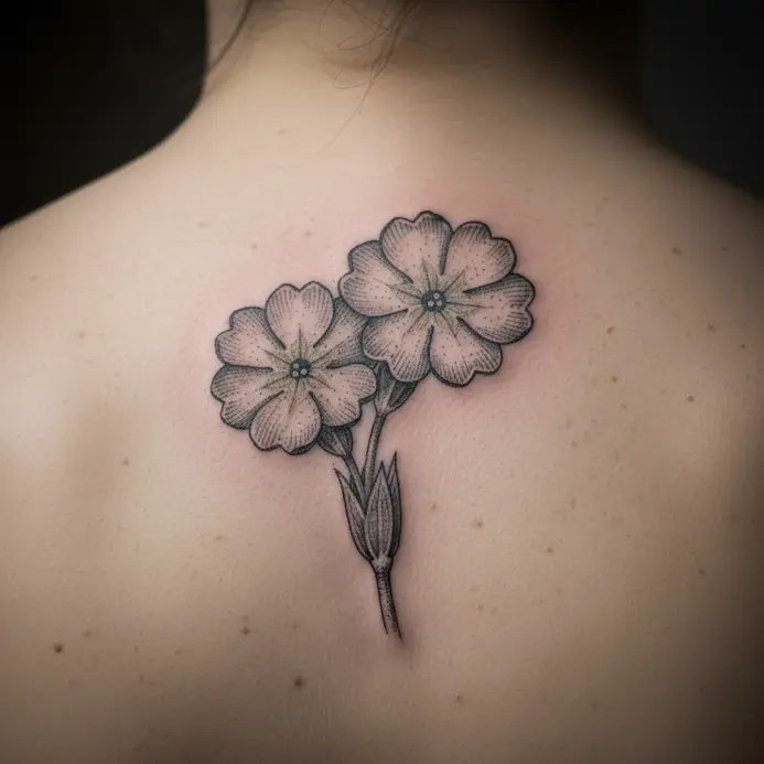A detailed primrose drawn in a vintage botanical illustration style, placed centrally on the upper back.