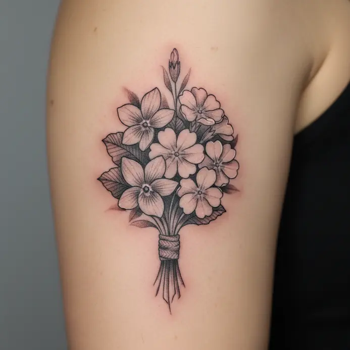 A small, tied bouquet featuring both violet and primrose flowers tattooed in black and grey on the outer arm.