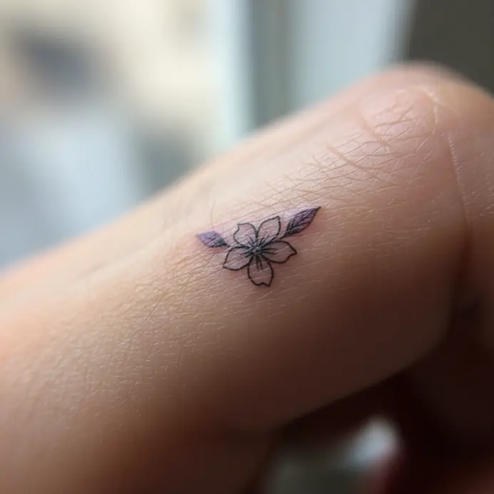 A very small, intricate violet flower tattooed with a single needle on the side of a finger.