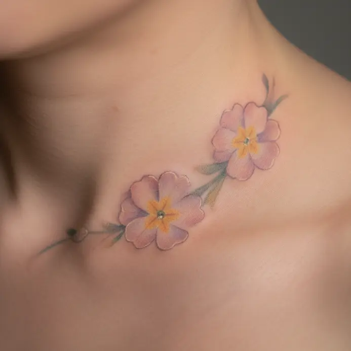 A delicate primrose with soft pink and yellow pastel coloring tattooed along the curve of the collarbone.