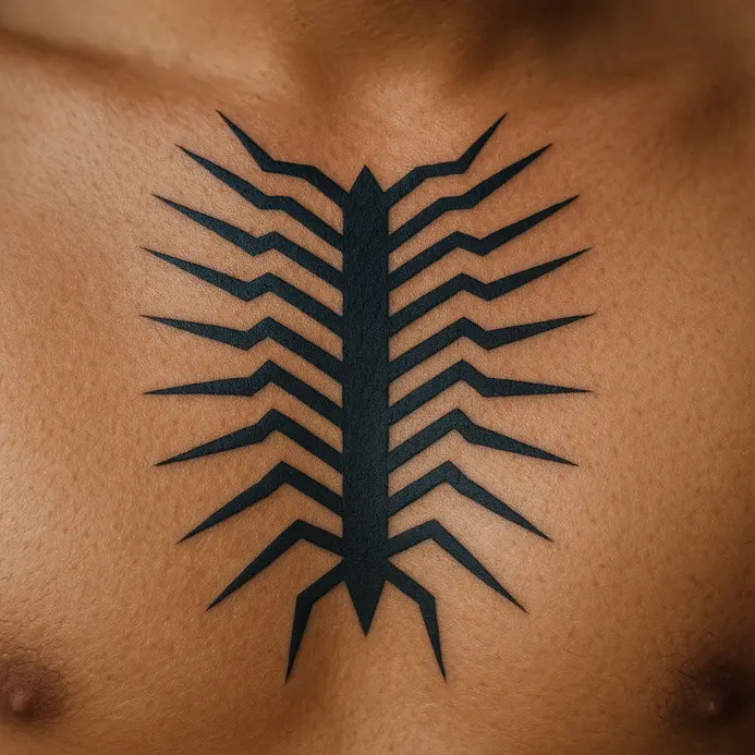 A black geometric centipede tattoo covering the center of a chest with symmetrical legs.