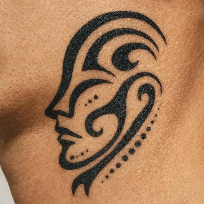 A flowing, abstract design suggesting a face with curved lines on the side of the neck.