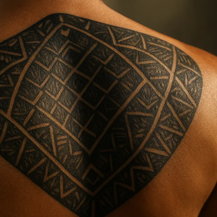 A large geometric pattern of interlocking scales covering the upper back and shoulders.