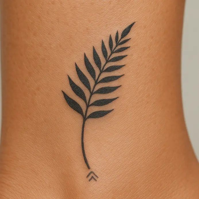 A simple, stylized black fern leaf curling around an ankle bone.