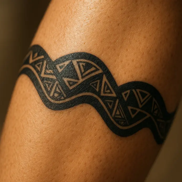 A rhythmic pattern of connected black triangles flowing like waves around the shin.