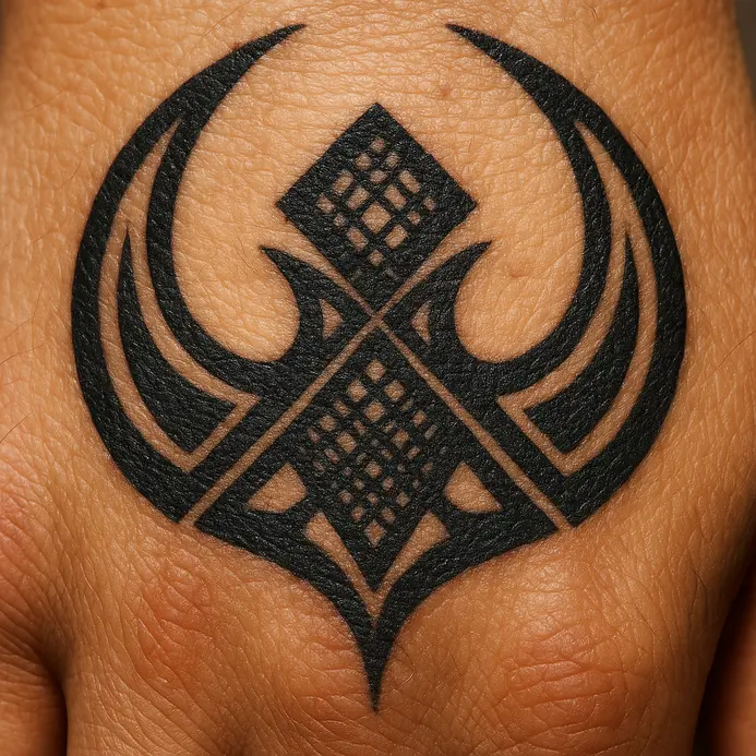 An ornate pair of curved boar tusks with tribal detailing tattooed on the back of a hand.