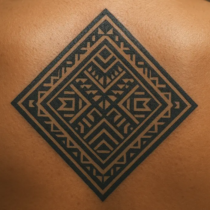 A large, intricate diamond filled with geometric patterns centered on the upper back.