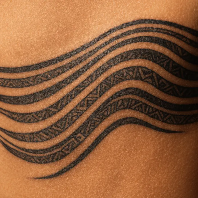 Curving, parallel black lines that flow across the ribs and waist like water currents.