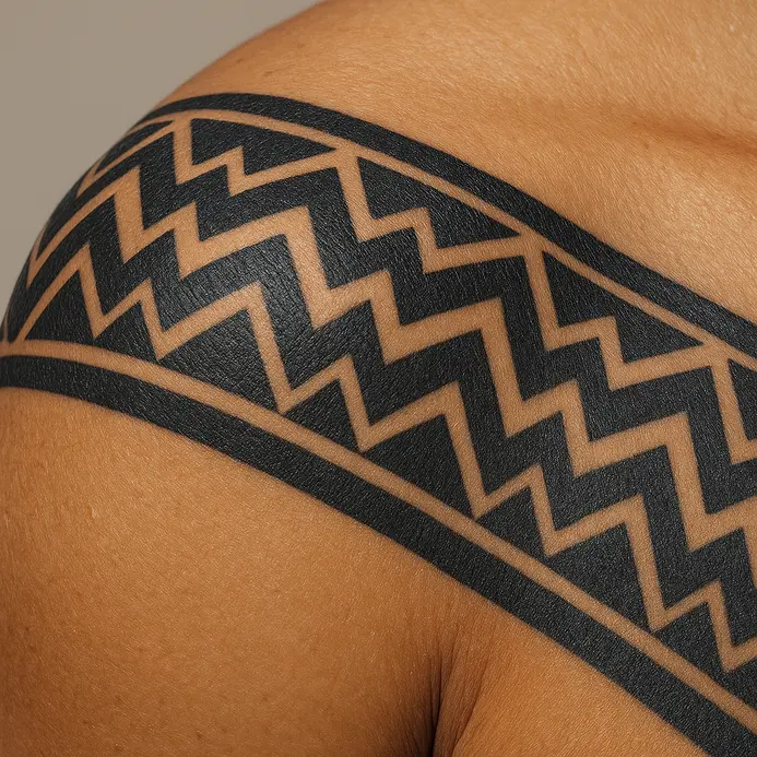 A bold band of black zigzags and lines covering the rounded top of the shoulder.