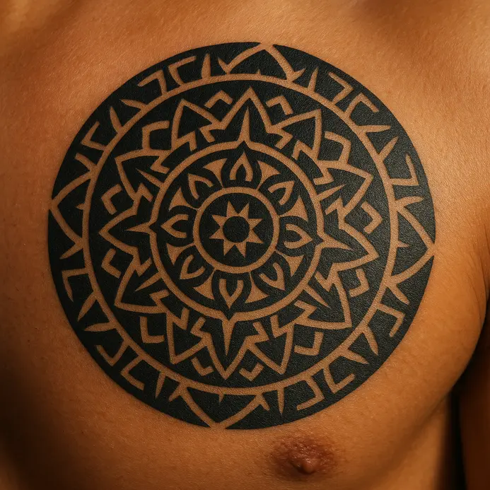 A round, mandala-like shield design with radial symmetry tattooed on the chest.