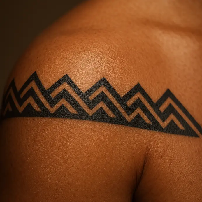 A symmetrical black tattoo of stylized mountain peaks wrapping around a shoulder and upper arm.