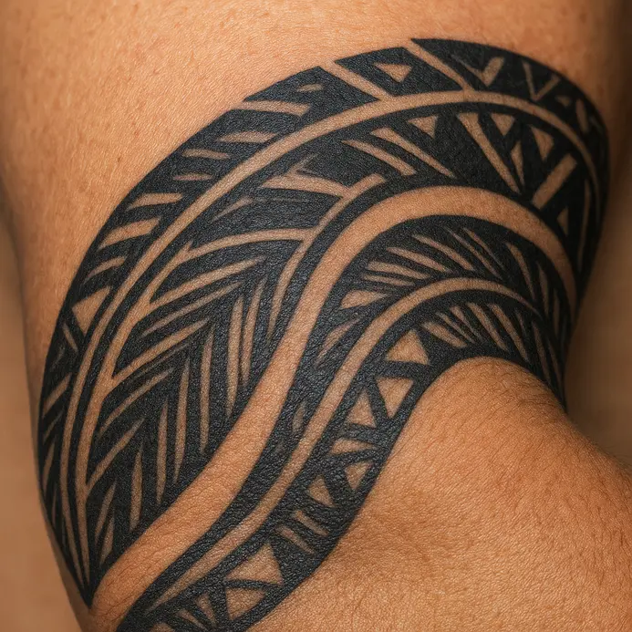 A pattern of elongated, geometric shapes resembling feathers that wraps around the elbow joint.