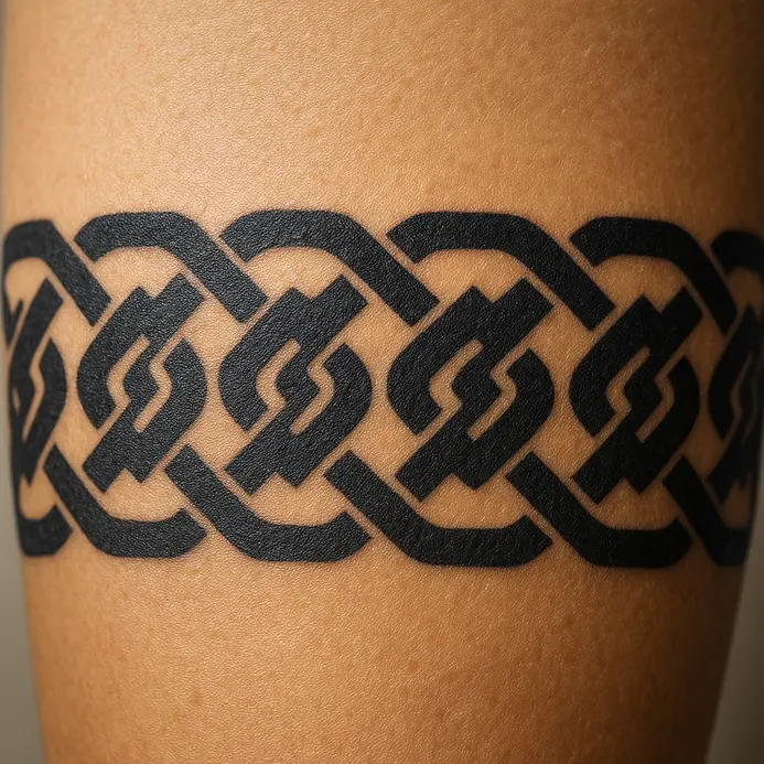 A continuous band of interlocking geometric links tattooed around the upper arm.