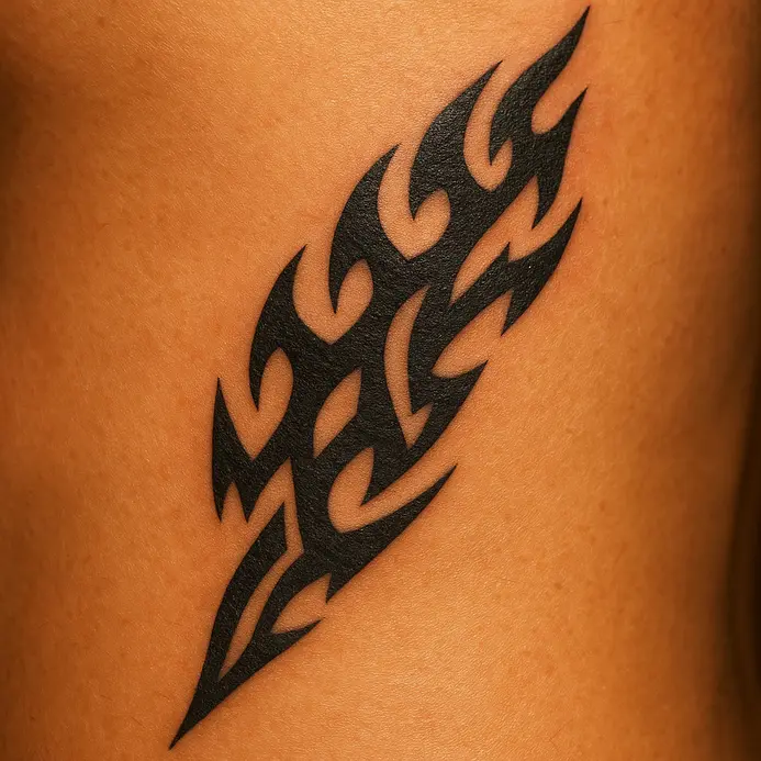 A series of sharp, angular shapes suggesting flames climbing up the side of the rib cage.