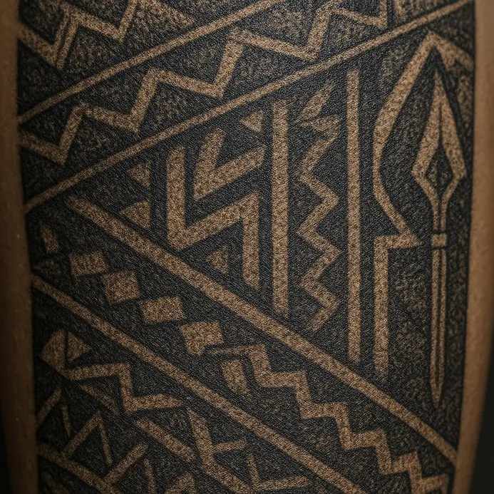 A full sleeve of interconnected geometric shapes with stippled shading for a stone-like texture.
