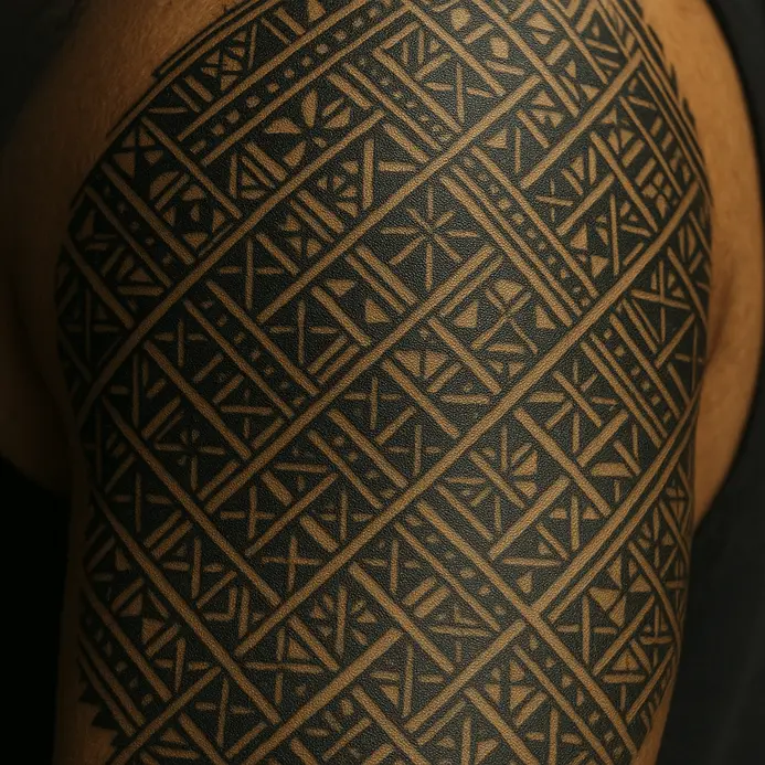 A full arm sleeve composed of an elaborate lattice of precise black lines and negative space.
