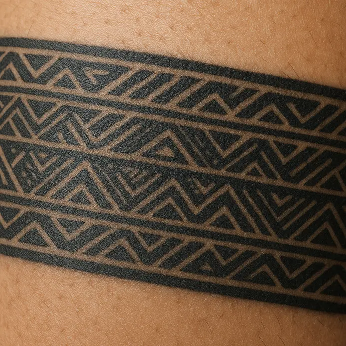 A dense pattern of interconnected black lines and dots covering the front of a thigh.